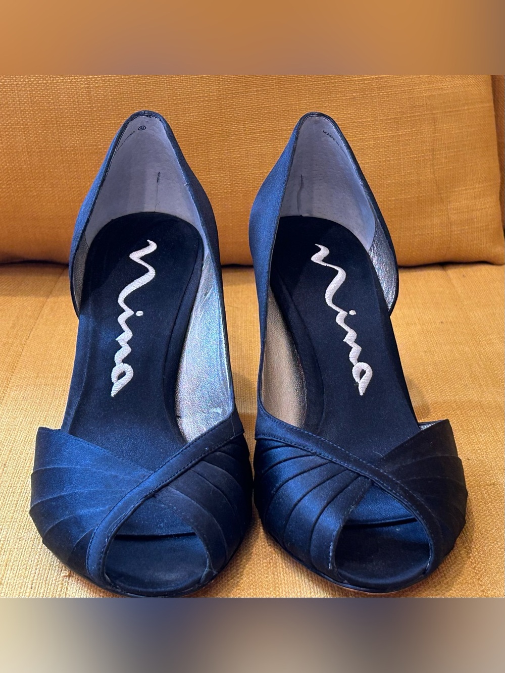Nina Black Satin Peep-Toe Vintage Heels